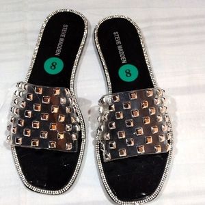 Steve MADDEN SZ 8 SLIDES FLATS SLIP ON DRESS SHOES  SILVER GLITTER  ACCENTS  NWT